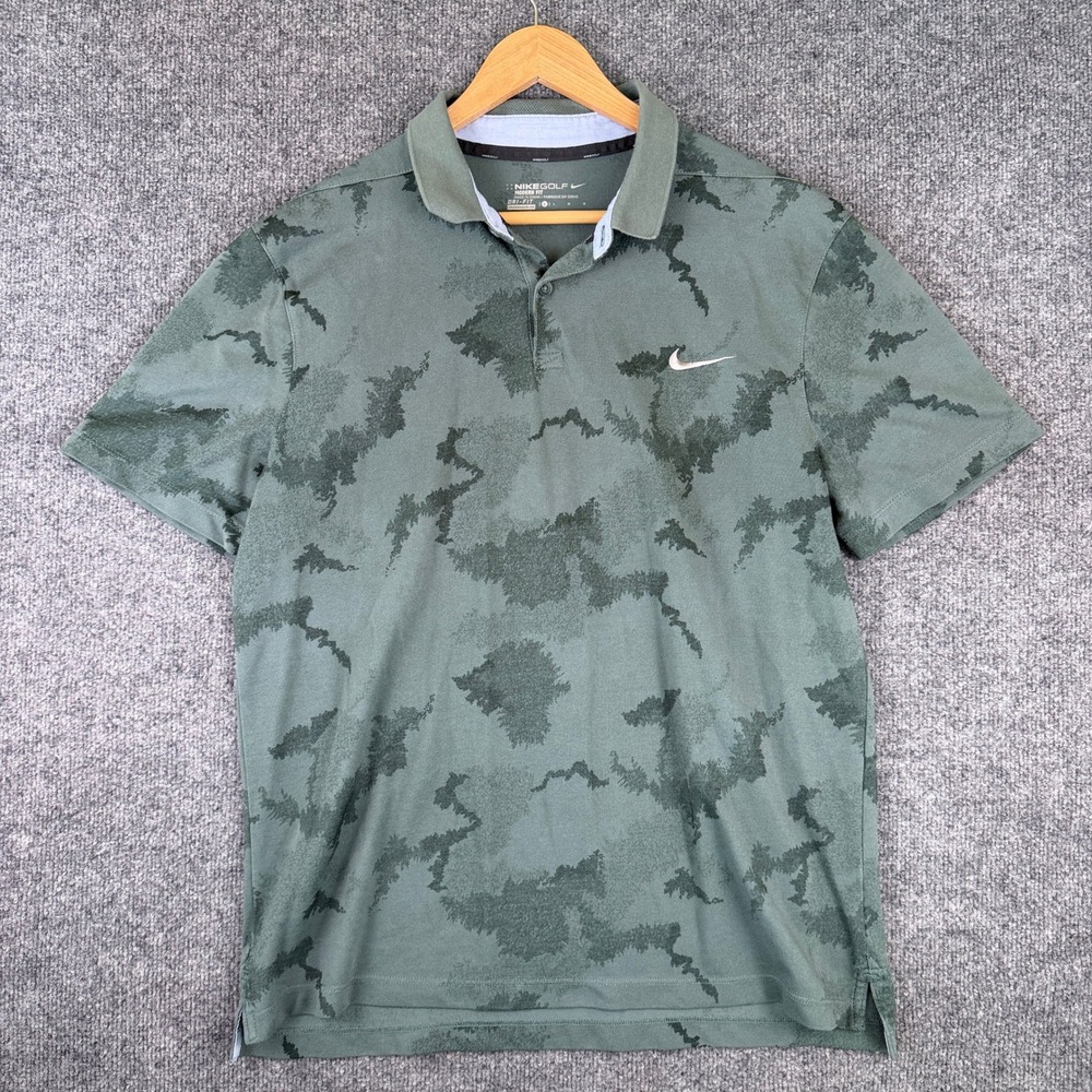Nike Golf Polo Shirt Mens L Green Camo Modern Slim Fit Stretch Performance